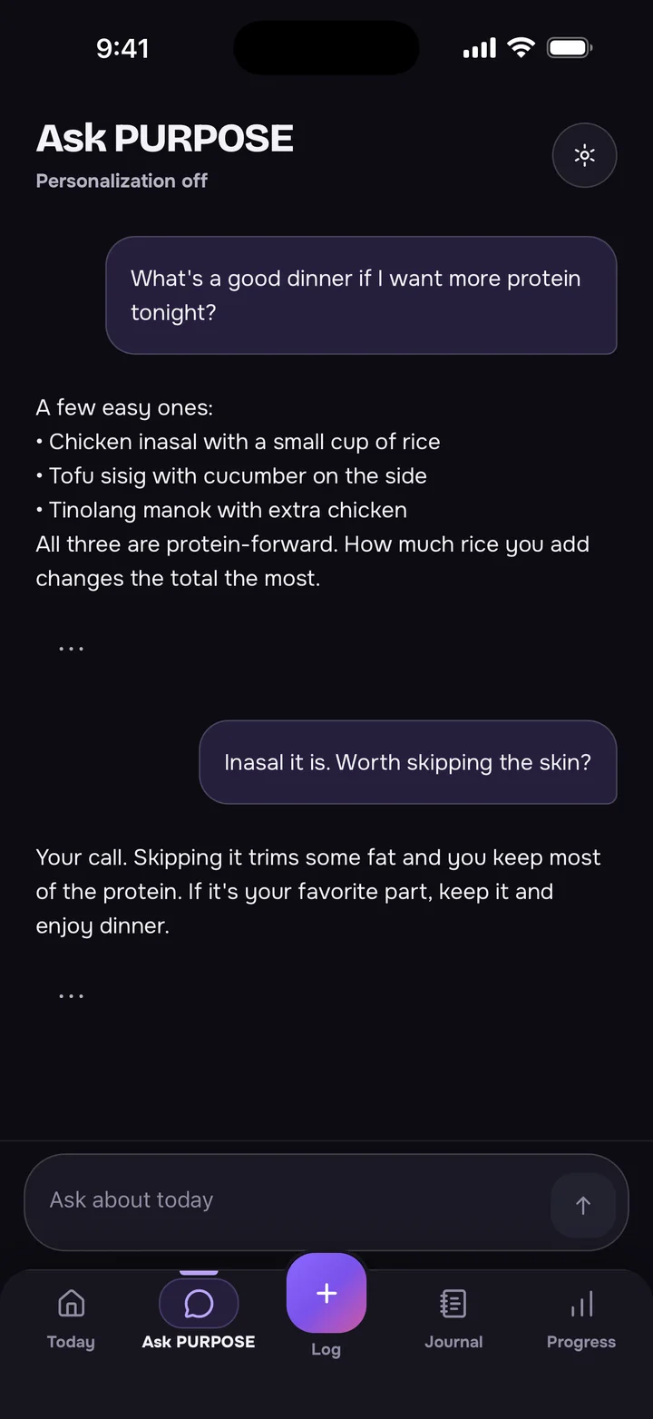 Ask PURPOSE on iOS with a sample dinner question and answer