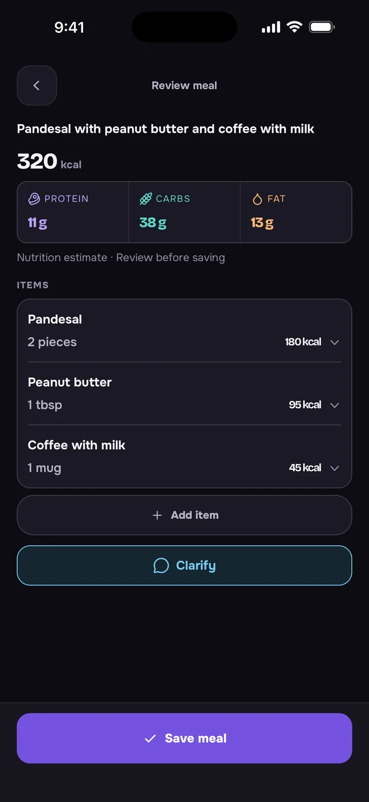 PURPOSE meal review on iOS from a typed description, with sample data