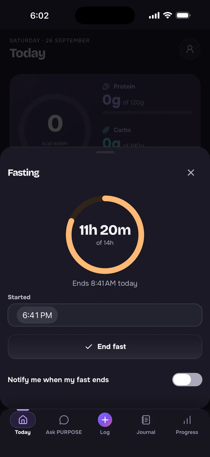 PURPOSE fasting timer on iOS with sample data