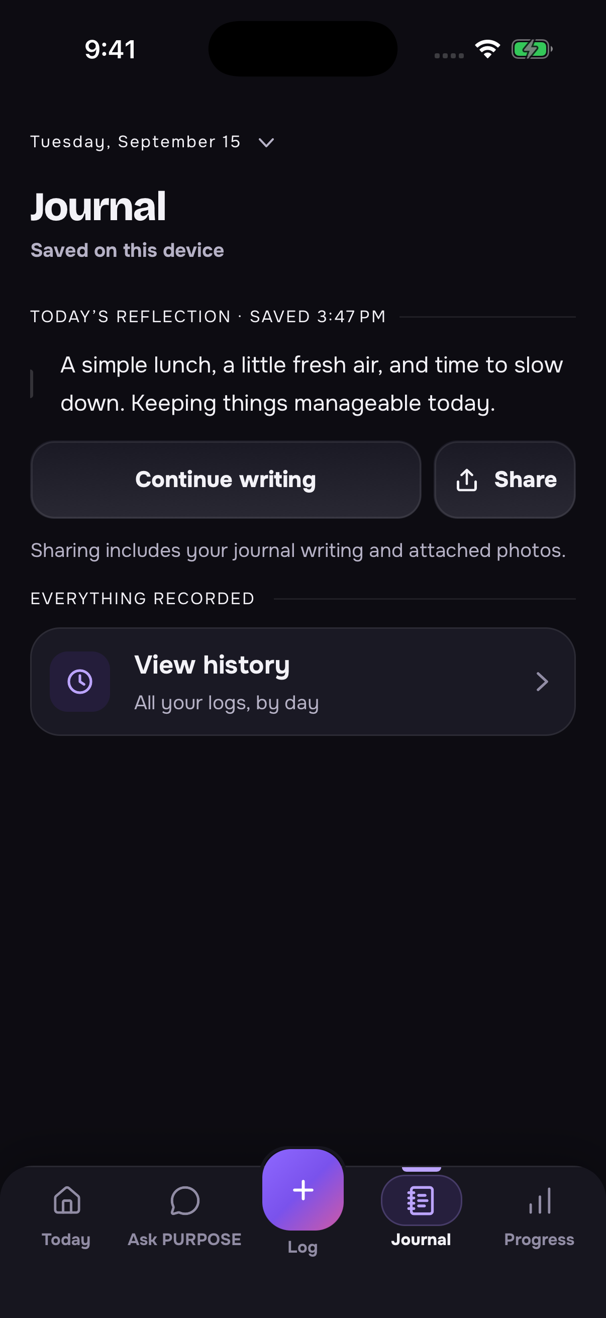 PURPOSE Journal on iOS with sample entries