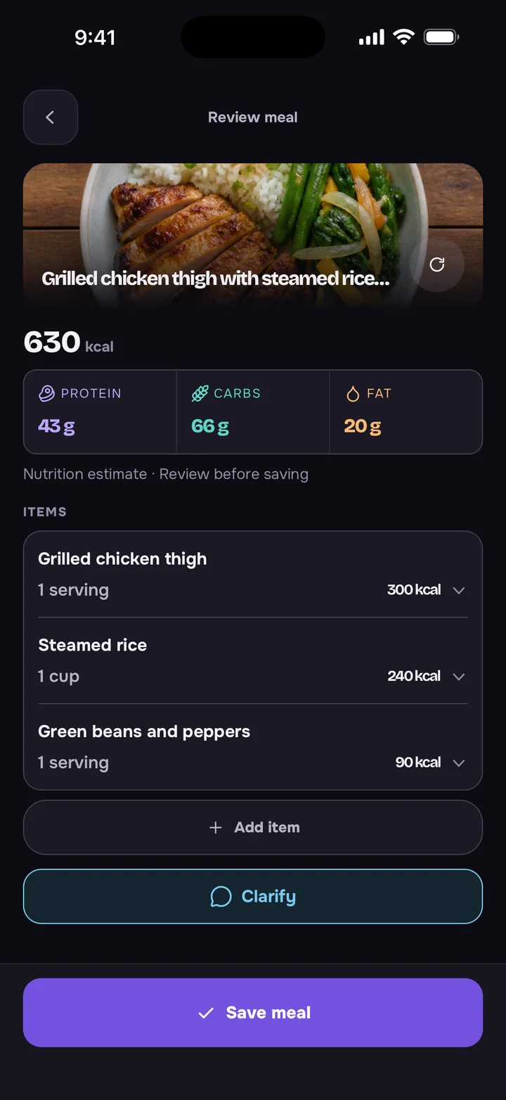 PURPOSE meal review on iOS after a photo scan, with sample data